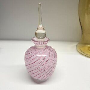 Blown Glass Perfume Bottle Pink White Swirl with Dauber Handblown